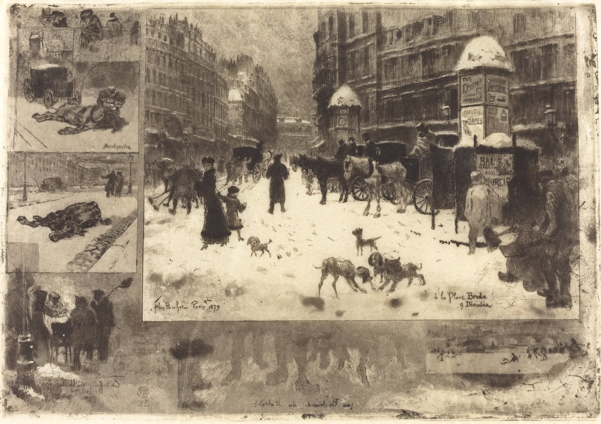 L'Hiver à Paris (Winter in Paris) by Félix-Hilaire Buhot (French, 1847 - 1898), 16X12"(A3)Poster Print