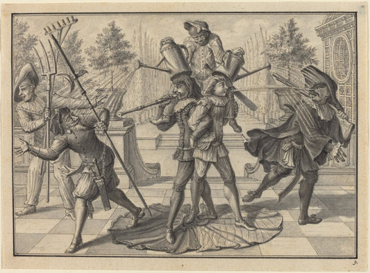 Harlequin and Scaramouche Create a "Fountain" by Johann Jacob Schübler (German, 1689 - 1741), 16X12"(A3)Poster Print
