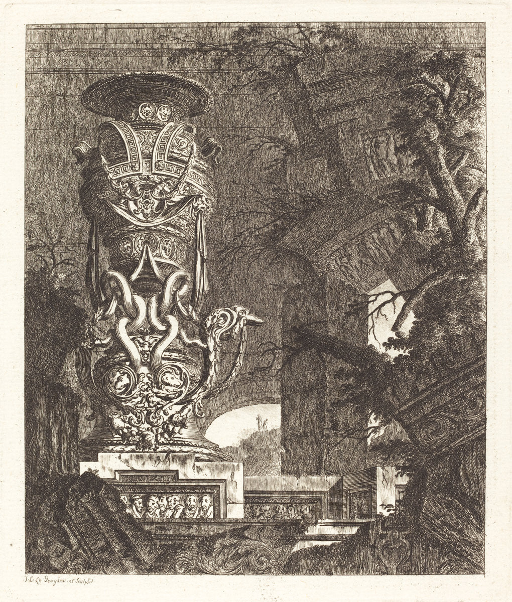Vase Supported by Intertwined Serpents by Jean-Laurent Legeay (French, c. 1710 - after 1788), 16X12"(A3)Poster Print
