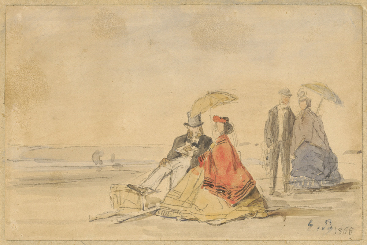 A Couple Seated and a Couple Walking on the Beach by Eugène Boudin (French, 1824 - 1898), 16X12"(A3)Poster Print