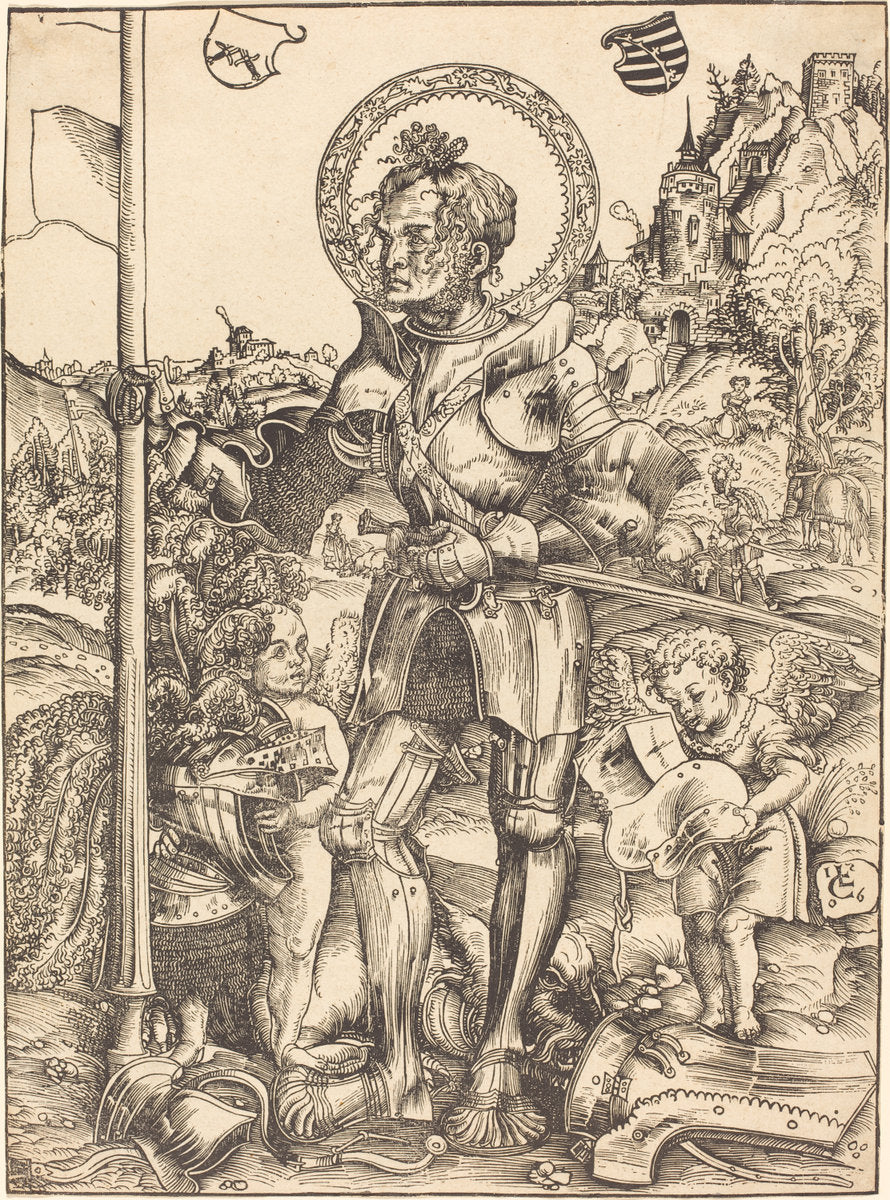 Saint George Standing, with Two Angels by Lucas Cranach the Elder (German, 1472 - 1553), 16X12"(A3)Poster Print