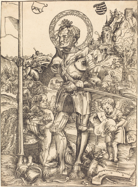 Saint George Standing, with Two Angels by Lucas Cranach the Elder (German, 1472 - 1553), 16X12"(A3)Poster Print