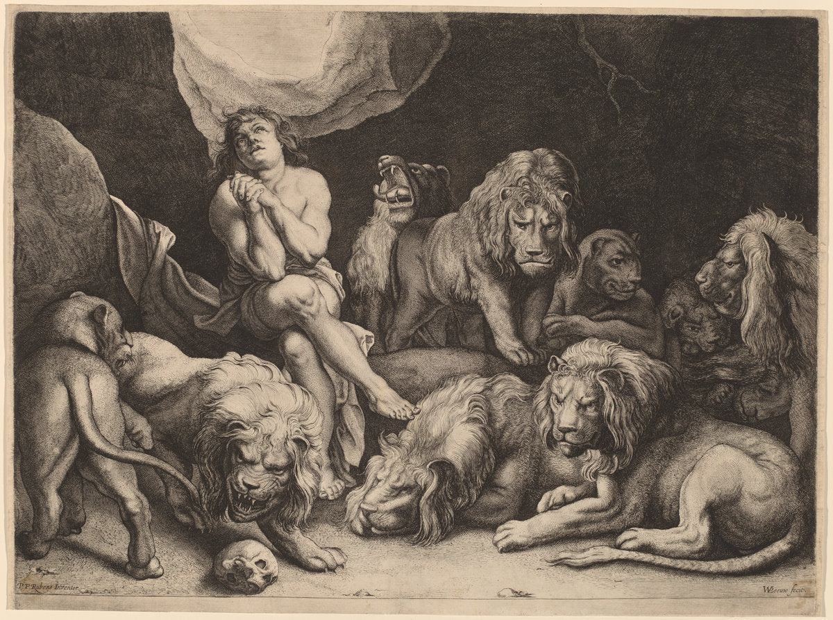 Daniel in the Lions' Den by Willem van der Leeuw after Sir Peter Paul Rubens (Flemish, 1603 - c. 1665), 16X12"(A3)Poster Print
