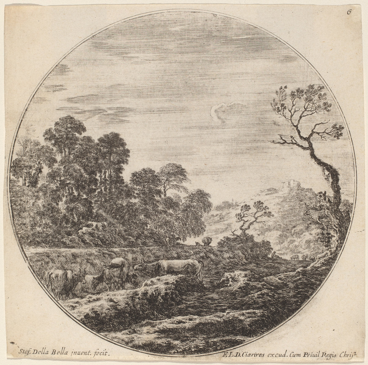 Cows Grazing in a Valley by Stefano Della Bella (Italian, 1610 - 1664), 16X12"(A3)Poster Print