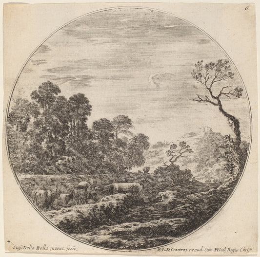 Cows Grazing in a Valley by Stefano Della Bella (Italian, 1610 - 1664), 16X12"(A3)Poster Print