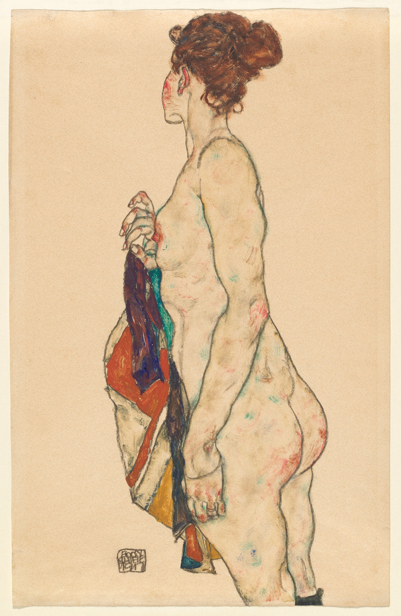 Standing Nude with a Patterned Robe by Egon Schiele (Austrian, 1890 - 1918), 16X12"(A3)Poster Print