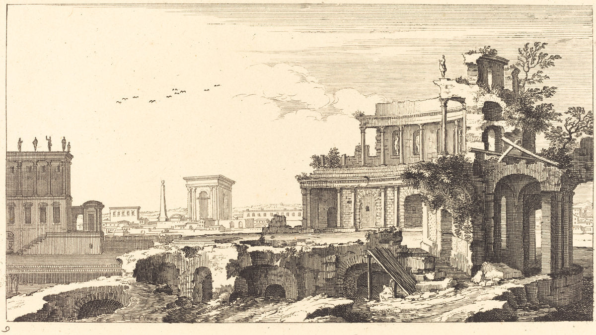 Landscape with Classical Ruins by Sébastien Le Clerc I (French, 1637 - 1714), 16X12"(A3)Poster Print