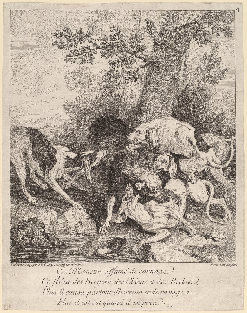 A Wolf Attacked by Dogs by Jean-Baptiste Oudry (French, 1686 - 1755), 16X12"(A3)Poster Print