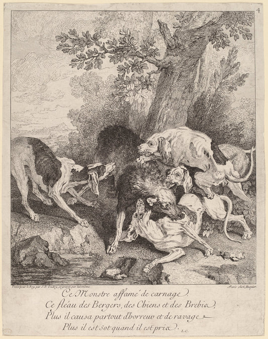 A Wolf Attacked by Dogs by Jean-Baptiste Oudry (French, 1686 - 1755), 16X12"(A3)Poster Print