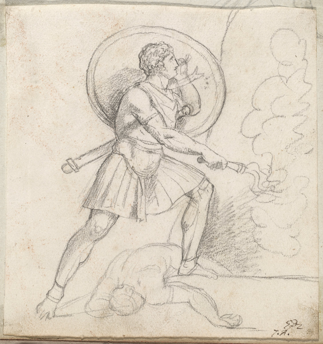 Warrior with a Shield and Torch by Jacques-Louis David (French, 1748 - 1825), 16X12"(A3)Poster Print