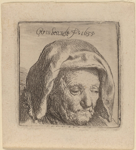 The Artist's Mother in a Cloth Headdress, Looking Down by Rembrandt van Rijn (Dutch, 1606 - 1669), 16X12"(A3)Poster Print