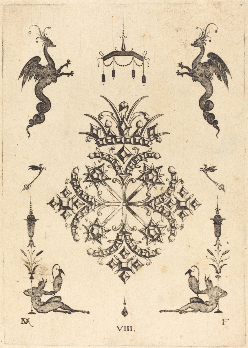 Brooch with Fantasy Animals at Top and Fauns with Vases at Bottom by Daniel Mignot (German, active 1593/1596), 16X12"(A3)Poster Print