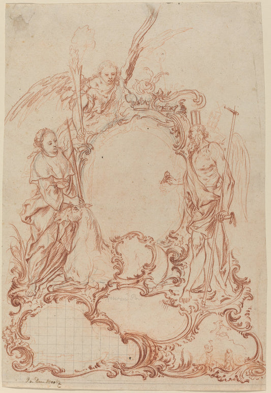 Rococo Cartouche with Allegorical Figures by Johann Daniel Herz the Elder (German, 1693 - 1754), 16X12"(A3)Poster Print