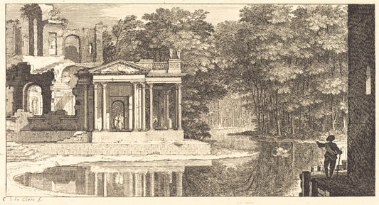 Landscape with Temple Ruins and Pond by Sébastien Le Clerc I (French, 1637 - 1714), 16X12"(A3)Poster Print