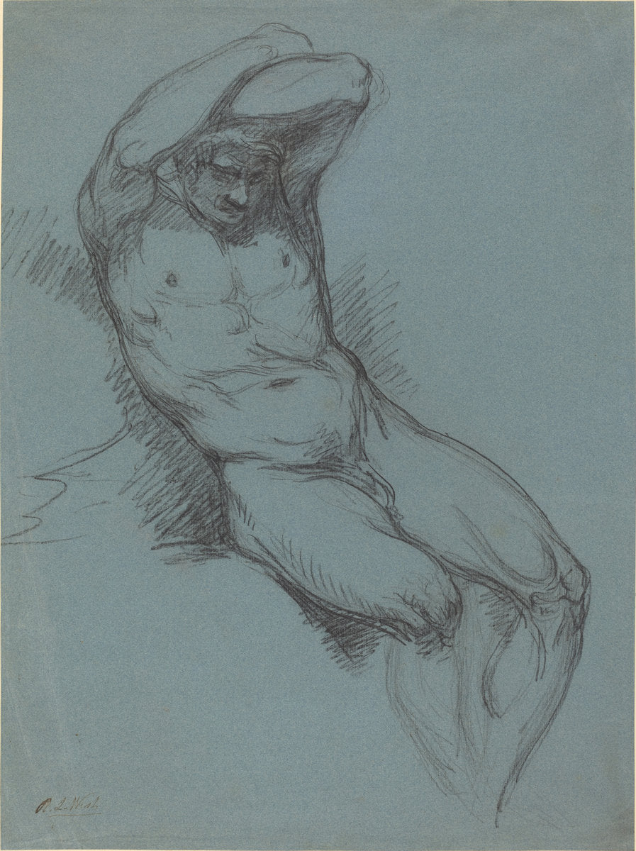 A Seated Male Nude with His Hands Crossed over His Head by Raphael Lamar West (British, 1769 - 1850), 16X12"(A3)Poster Print