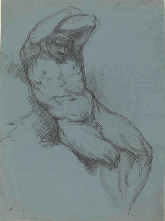 A Seated Male Nude with His Hands Crossed over His Head by Raphael Lamar West (British, 1769 - 1850), 16X12"(A3)Poster Print