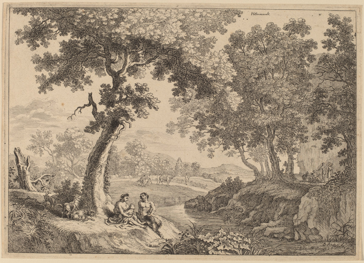 etching by after Herman van Swanevelt (Satyr Family Seated under a Tree), 16X12"(A3)Poster Print