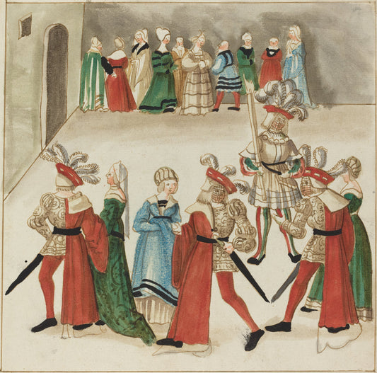 c. 1515 by German 16th Century (Three Men in Red Capes Dancing with Their Partners), 16X12"(A3)Poster Print