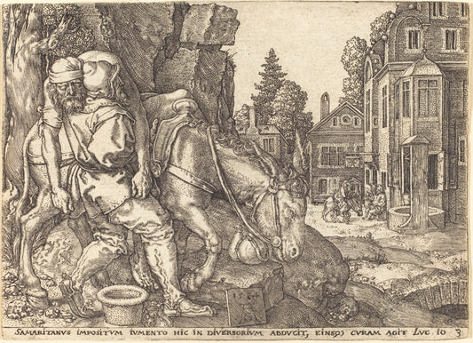 The Good Samaritan Placing the Traveler on a Mule by Heinrich Aldegrever (German, 1502 - 1555/1561), 16X12"(A3)Poster Print