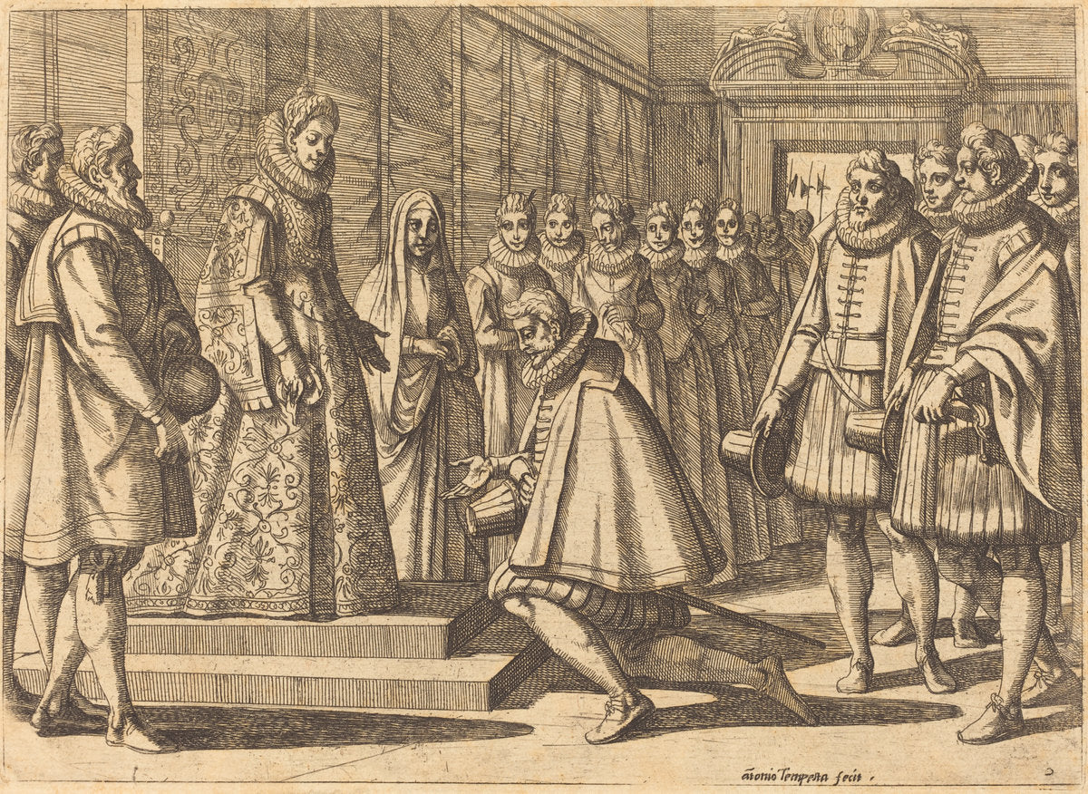 Philip of Spain before Margaret of Austria by Antonio Tempesta (Florentine, 1555 - 1630), 16X12"(A3)Poster Print