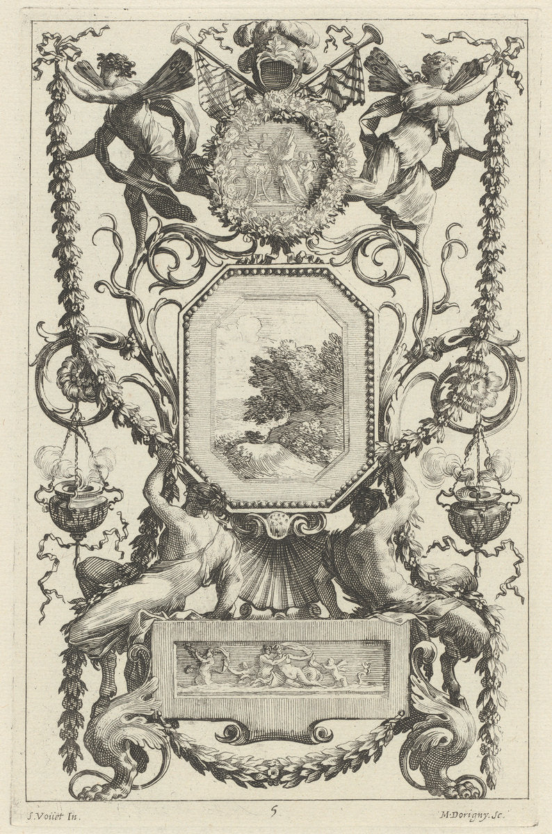 Ornamental Panel Surmounted by a Medallion with a Sacrifice by Michel Dorigny, after Simon Vouet (French, 1617 - 1665), 16X12"(A3)Poster Print