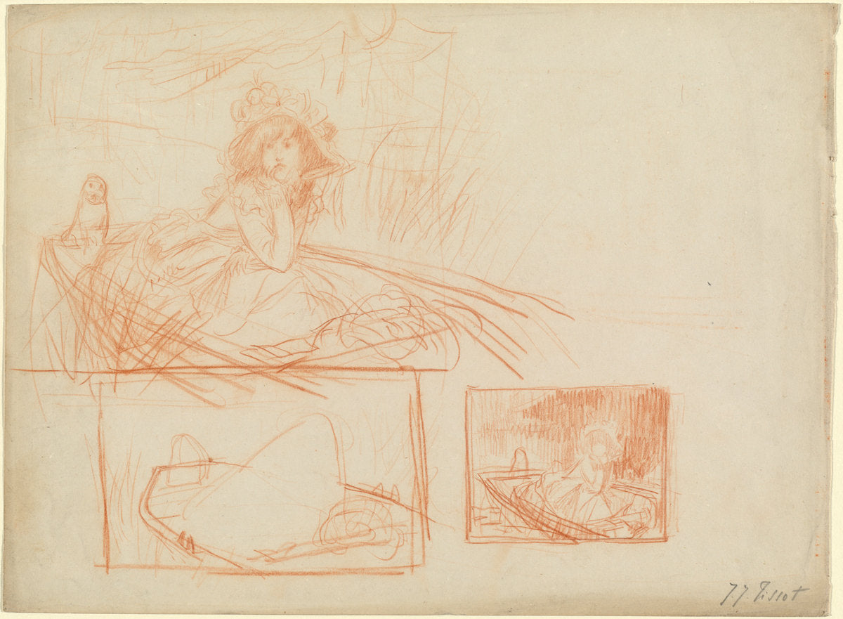 Pensive Girl Adrift in a Boat by James Jacques Joseph Tissot (French, 1836 - 1902), 16X12"(A3)Poster Print