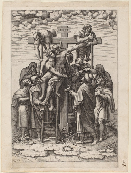 The Descent from the Cross by Diana Scultori (Italian, c. 1535 - probably 1588), 16X12"(A3)Poster Print