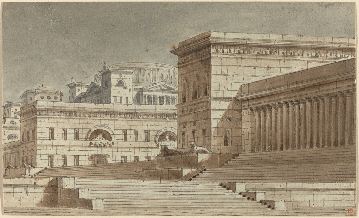 pen and gray ink with brown and gray washes over graphite on laid paper by Italian 19th Century (Stage Design), 16X12"(A3)Poster Print