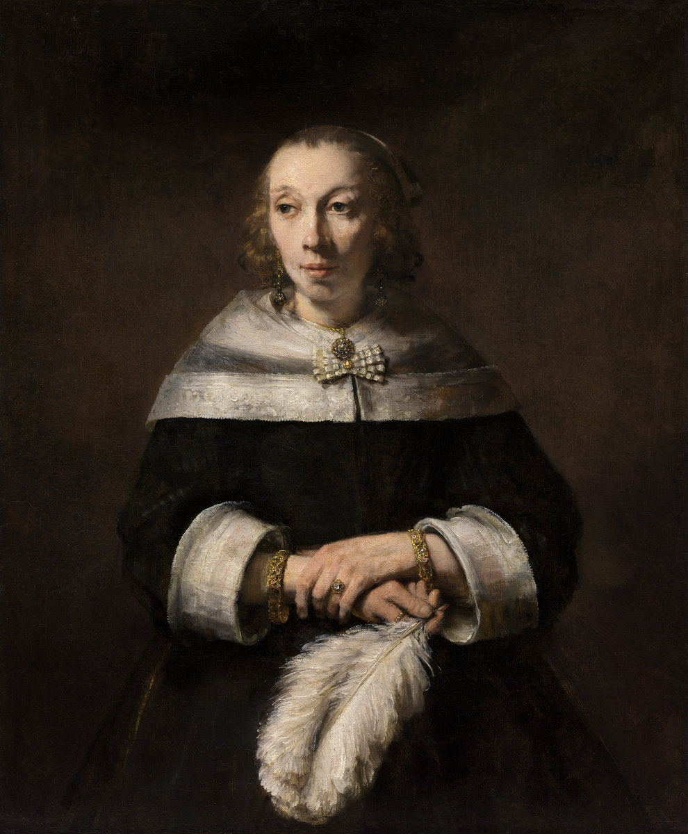 Portrait of a Lady with an Ostrich-Feather Fan by Rembrandt van Rijn (Dutch, 1606 - 1669), 16X12"(A3)Poster Print