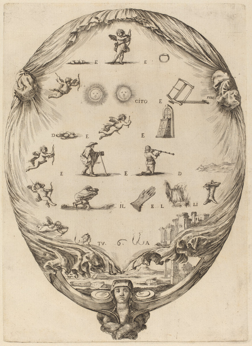 Screen Depicting the Italian Rebus of Love by Stefano Della Bella (Italian, 1610 - 1664), 16X12"(A3)Poster Print