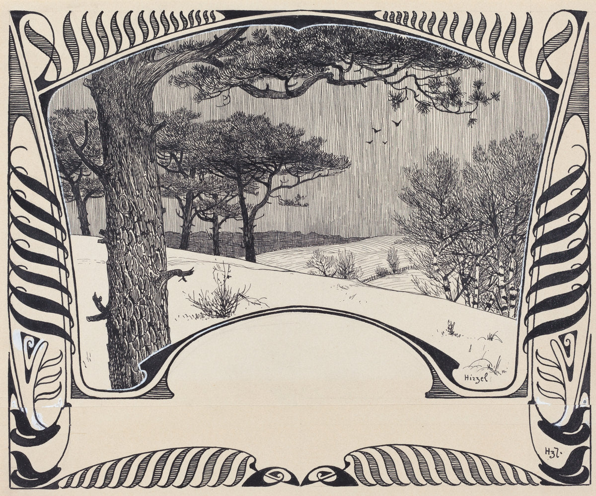 A Winter Landscape Within a Jugendstil Border by Hermann Hirzel (German, 1864 - 1939), 16X12"(A3)Poster Print