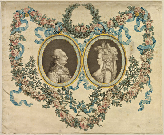 hand-colored stipple engraving with gold leaf on satin by French 18th Century (Louis XVI and Marie-Antoinette), 16X12"(A3)Poster Print