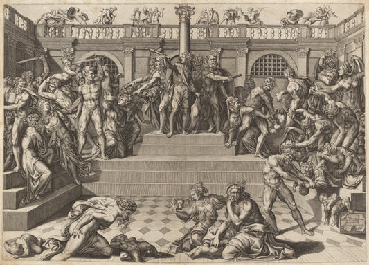 The Massacre of the Innocents by Nicolaus Beatrizet, after Marco Dente, after Baccio Bandinelli (French, 1515 - 1565 or after), 16X12"(A3)Poster Print