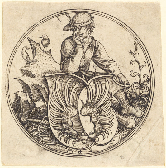 Shield with Wings, Held by Peasant by Martin Schongauer (German, c. 1450 - 1491), 16X12"(A3)Poster Print