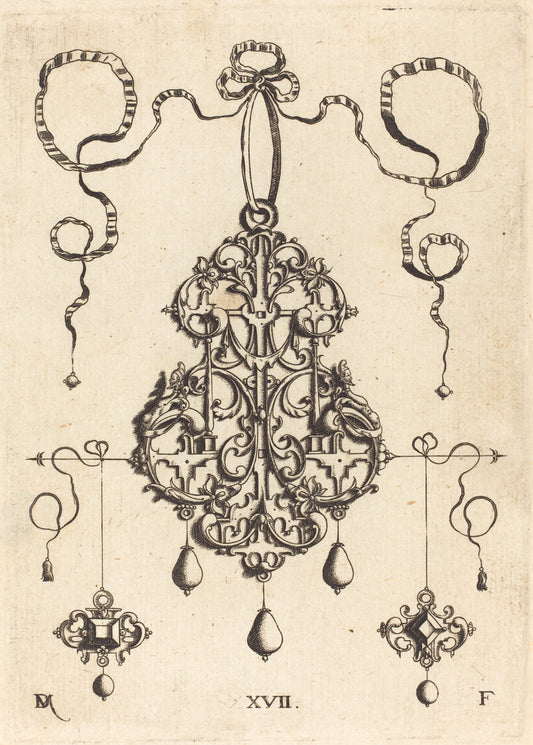 Strapwork Pendant with Two Square Tablestonesas Earrings at Left and Right by Daniel Mignot (German, active 1593/1596), 16X12"(A3)Poster Print
