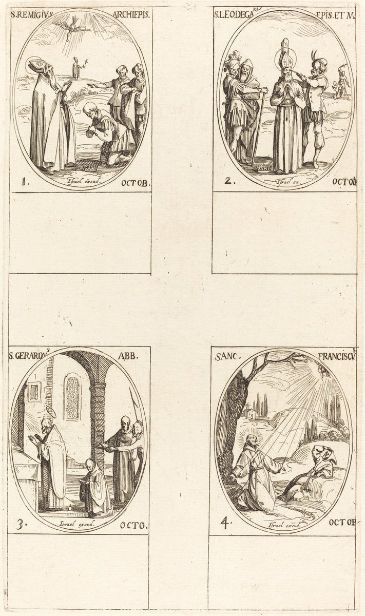 St. Remigius; St. Leodegarius; St. Gerard, Abbot; St. Francis of Assisi by Jacques Callot (French, 1592 - 1635), 16X12"(A3)Poster Print