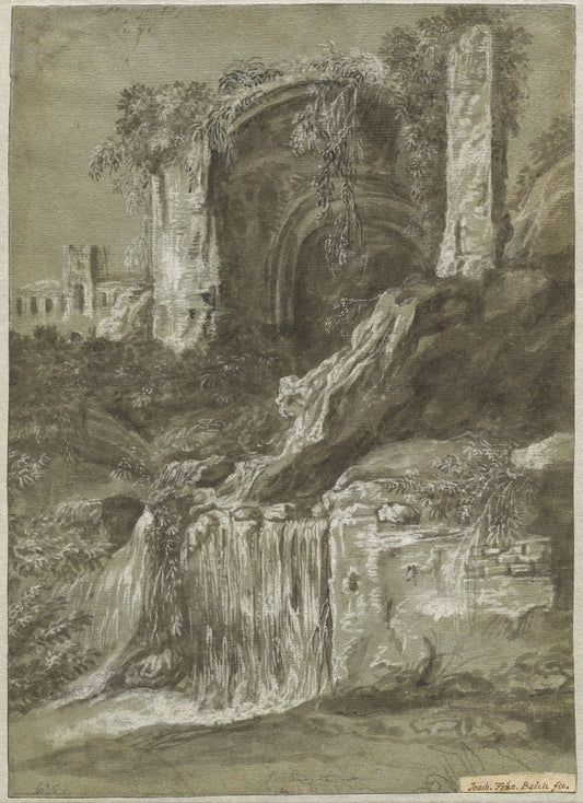 A Waterfall with Ruins (verso) by Joachim Franz Beich (German, 1665 - 1748), 16X12"(A3)Poster Print