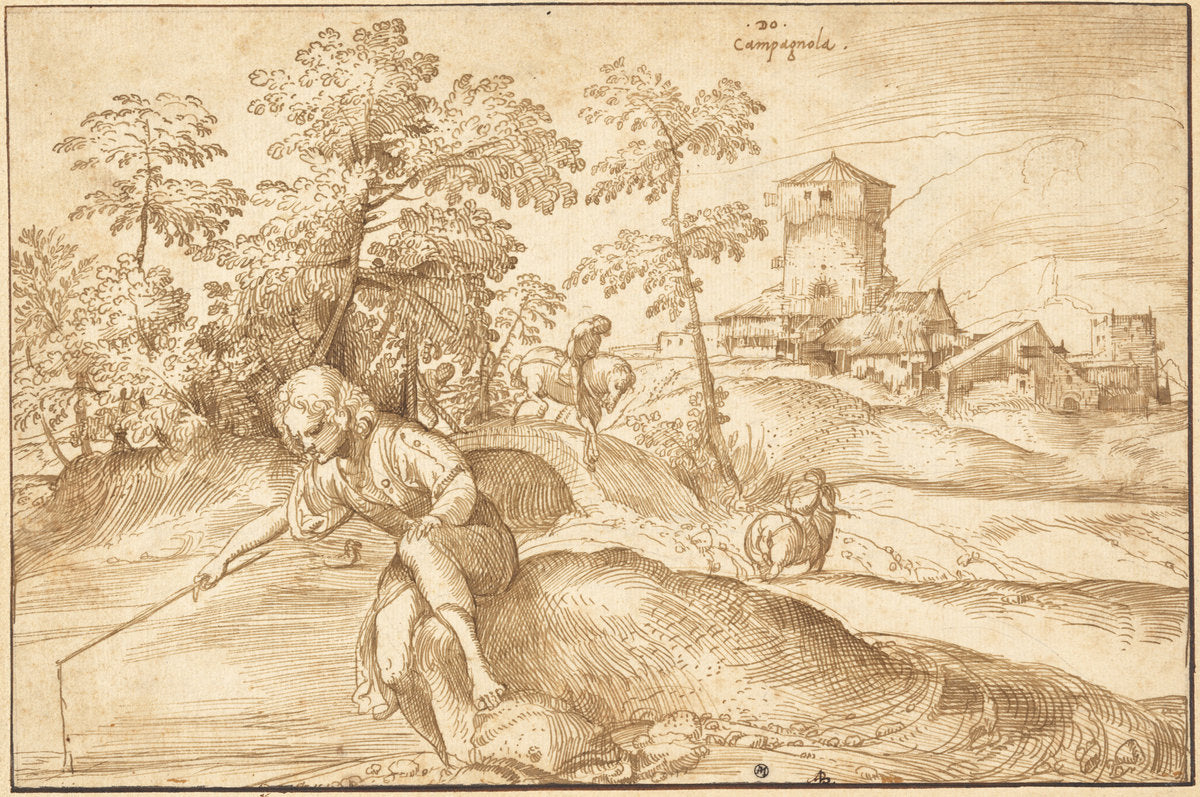 Landscape with a Boy Fishing by Domenico Campagnola (Venetian, before 1500 - 1564), 16X12"(A3)Poster Print