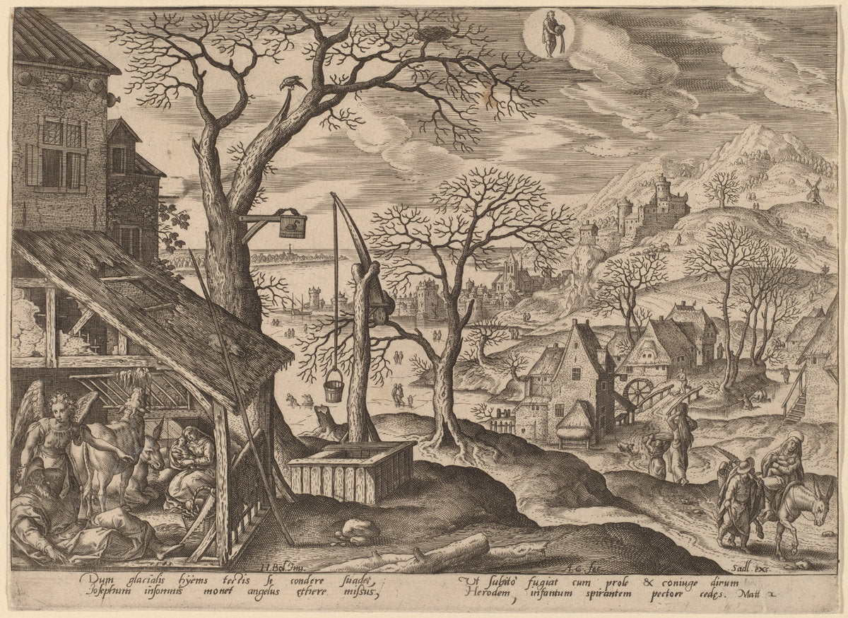 The Nativity and the Flight into Egypt (Aquarius) by Adriaen Collaert after Hans Bol (Flemish, c. 1560 - 1618), 16X12"(A3)Poster Print