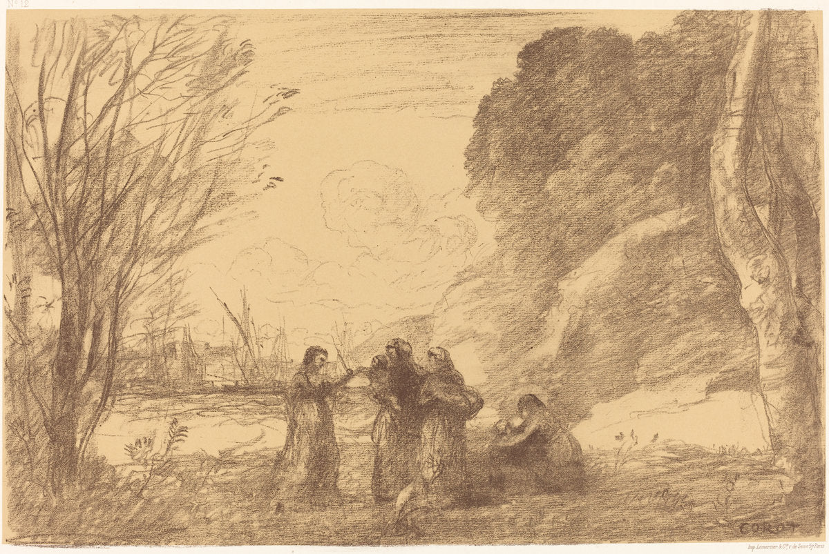 Family at Terracina (Une famille a terracine) by Jean-Baptiste-Camille Corot (French, 1796 - 1875), 16X12"(A3)Poster Print