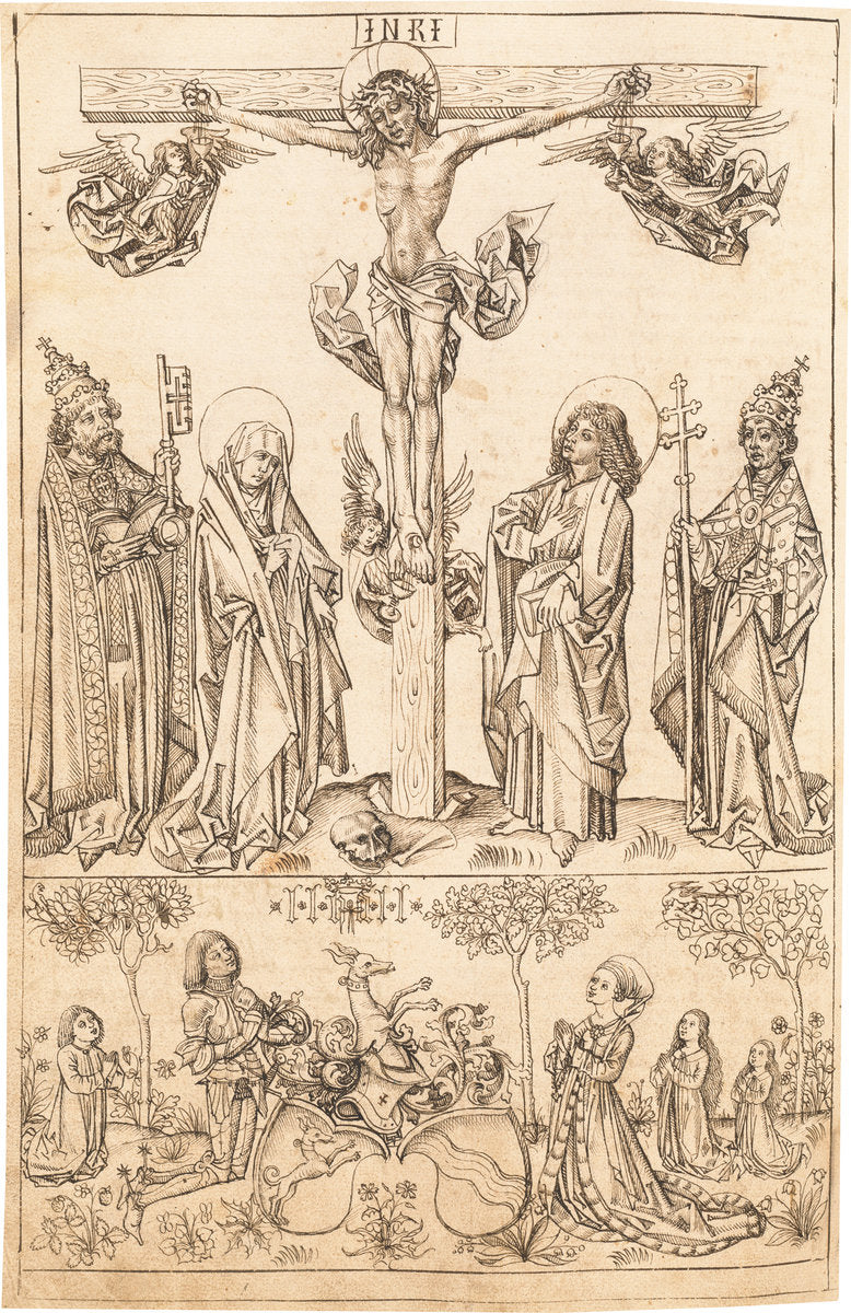 The Crucifixion with the Virgin and Saints and the Hungerstein Family by Primary Master of the Strassburg Chronicle (German, active 1480s and 1490s), 16X12"(A3)Poster Print