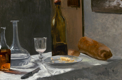 Still Life with Bottle, Carafe, Bread, and Wine by Claude Monet (French, 1840 - 1926), 16X12"(A3)Poster Print