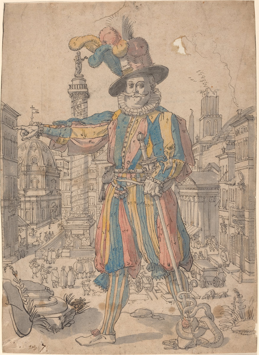 watercolor over black ink on laid paper by Swiss 17th Century after Francesco Villamena (Giovanni Grosso of the Swiss Guards Standing before a View of Rome), 16X12"(A3)Poster Print