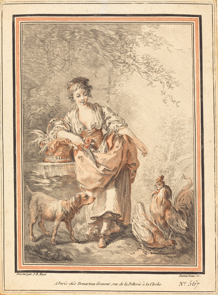 Woman Feeding Chickens by Gilles-Antoine Demarteau after Jean-Baptiste Hüet, I (French, 1750 - 1802), 16X12"(A3)Poster Print