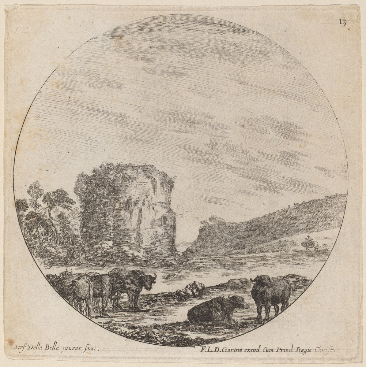 Landscape with Antique Ruins by Stefano Della Bella (Italian, 1610 - 1664), 16X12"(A3)Poster Print