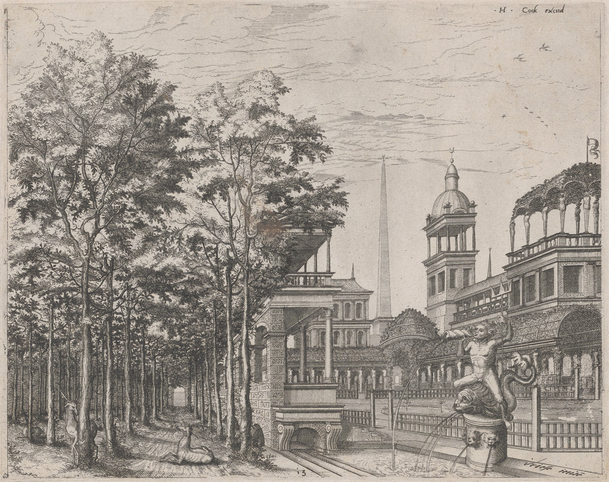 Landscape with Trees, Two Deer, and a Palace Courtyard by Lucas van Doetechum and Johannes van Doetechum, the Elder, after Hans Vredeman de Vries (Dutch, active 1554/1572; died before 1589), 16X12"(A3)Poster Print