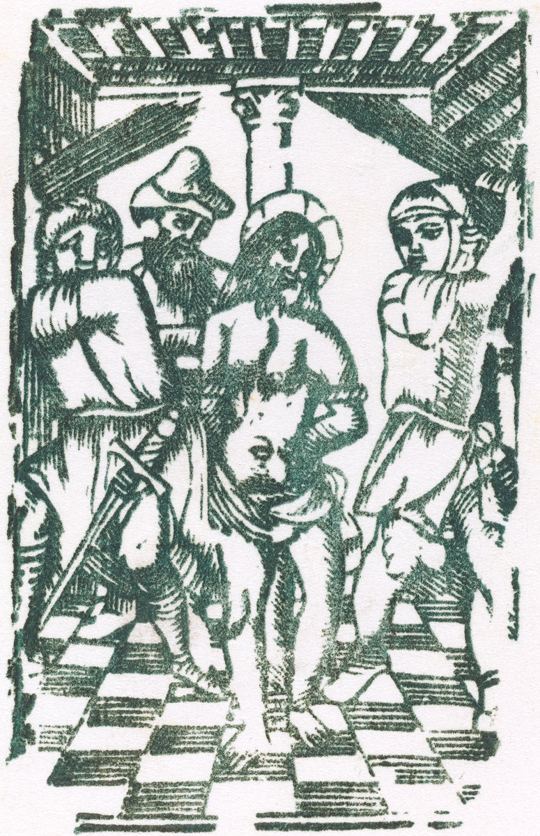 woodcut in green [restrike 1968] by Probably French 16th Century (The Flagellation), 16X12"(A3)Poster Print