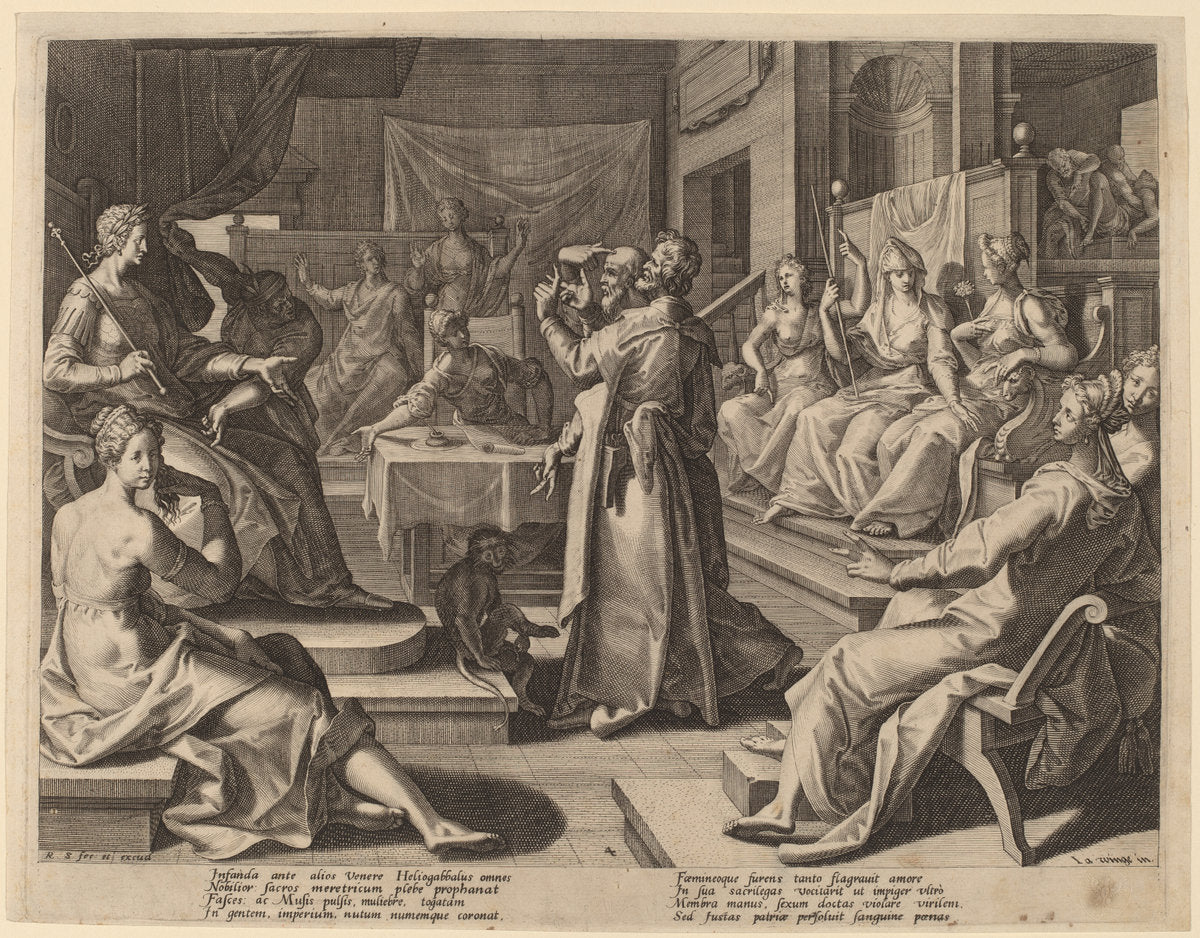 Heliogabalus and the Wise Women by Raphael Sadeler I after Joos van Winghe (Flemish, 1560/1561 - 1628 or 1632), 16X12"(A3)Poster Print