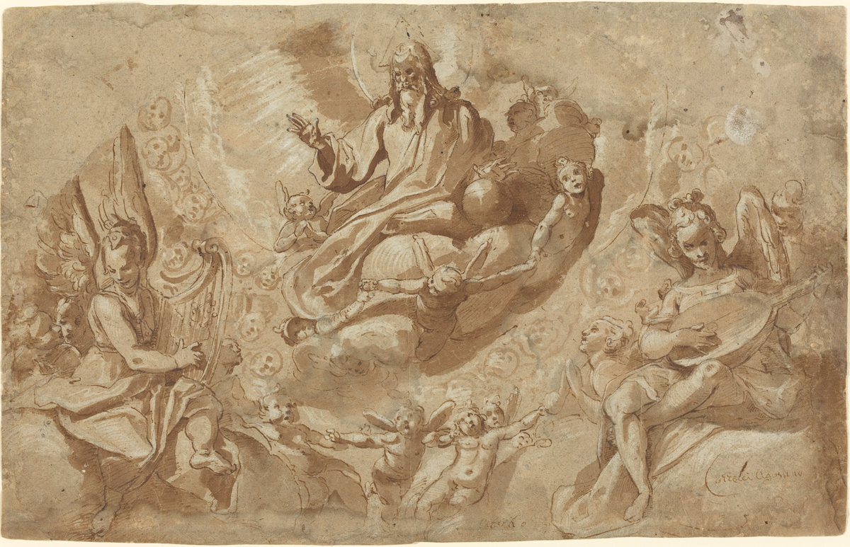 God the Father and Angels on Clouds by Raffaello Motta (Italian, c. 1550 - 1578), 16X12"(A3)Poster Print