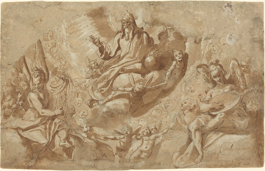 God the Father and Angels on Clouds by Raffaello Motta (Italian, c. 1550 - 1578), 16X12"(A3)Poster Print